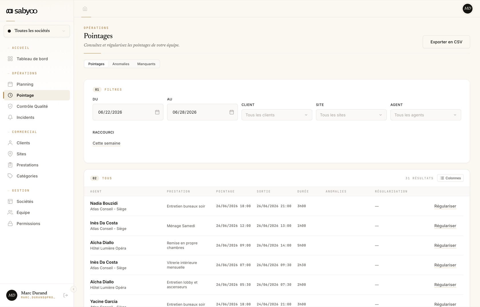 Le module Pointage de Sabyoo : les pointages de la semaine, agents, prestations, durées