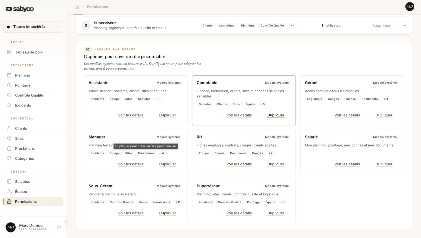 Le module Rôles & permissions de Sabyoo